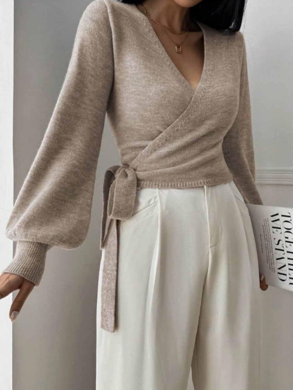 Women's Beige Wrap V-Neck Tie Waist Cardigan Gigot Sleeve Sweater - Picture 4 of 4